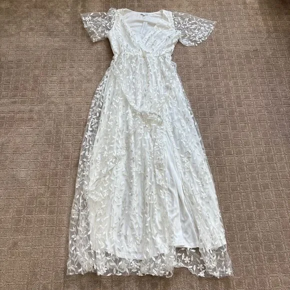 Baltic Born Marseille Embossed Maxi Dress Women's L White Long Slit Bride Fairy - Picture 3 of 10